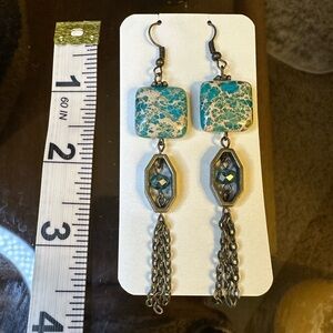 Elegant Blue and gold Dangle Earrings.  Jasper and crystal